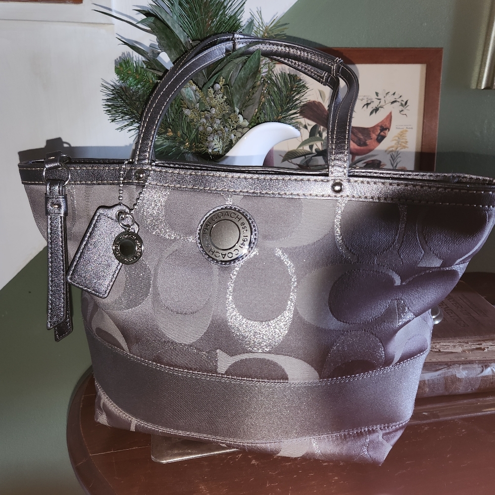 Coach F20429 Gray Silver Signature Canvas Tote Shoulder Bag